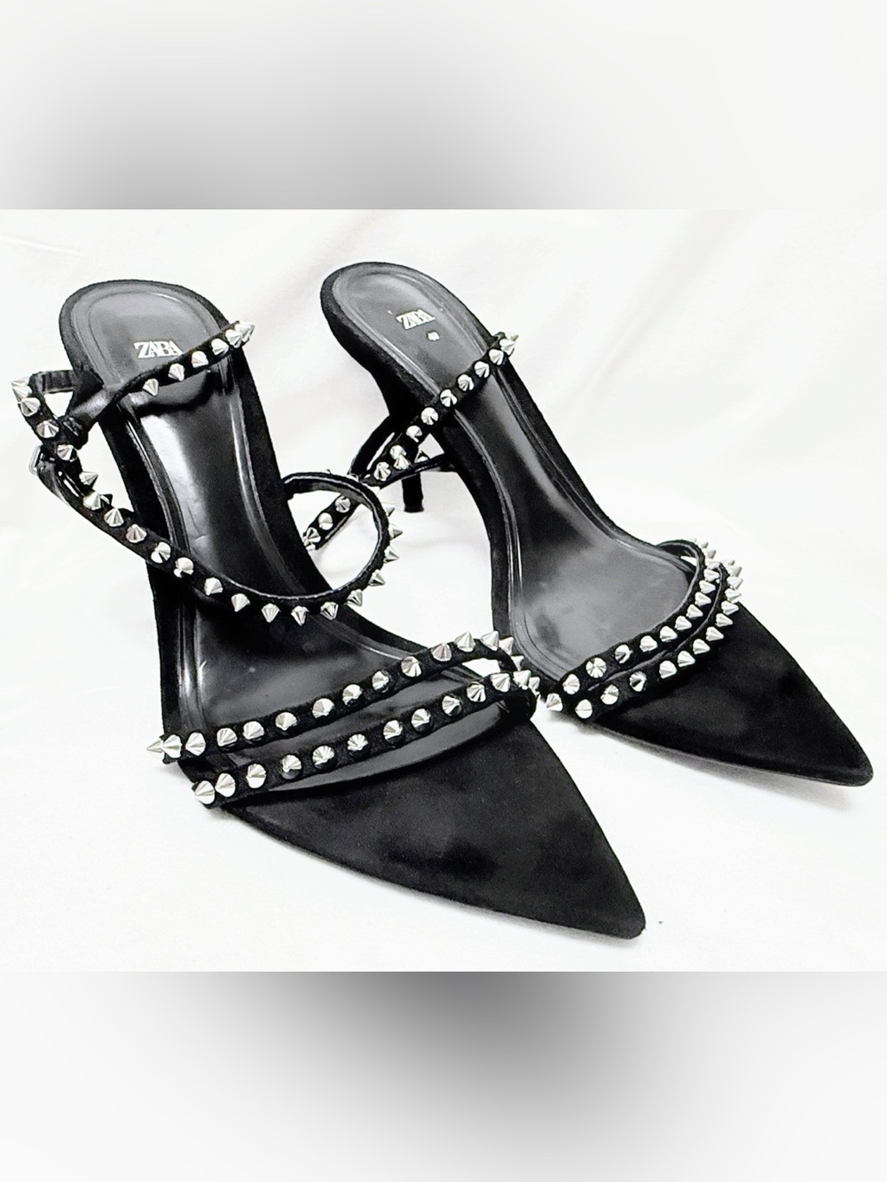 Zara Black Studded Pointed Toe Stiletto Heels Ankle Strap Size 9